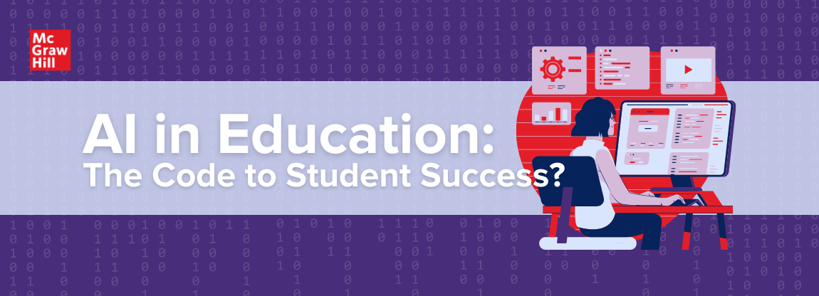 A purple landscape graphic with white text that reads "AI in Education: The Code to Student Success?" beside an illustrated graphic of a woman sitting at a computer.